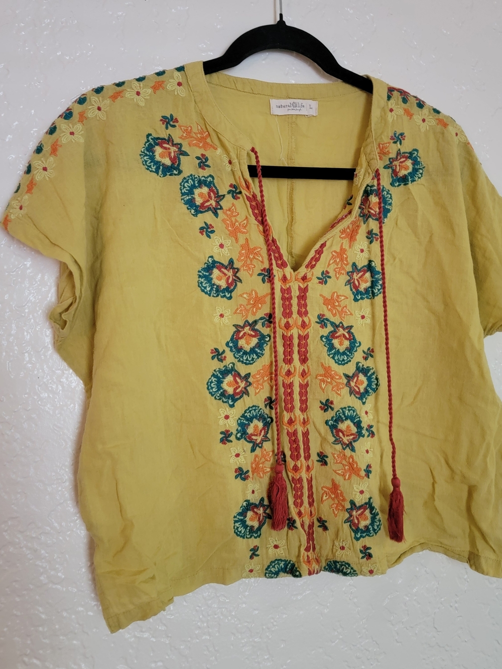 NATURAL LIFE Yellow Embroidered Boho Tunic with Tassel Tie